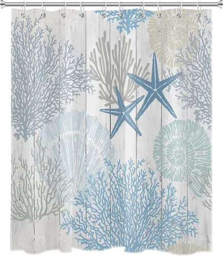 Miniatura 2 de Cortina de ducha náutica de coral, conchas marinas y estrellas de mar en tableros de madera rústica, cortina de ducha con ganchos, juego de cortinas
