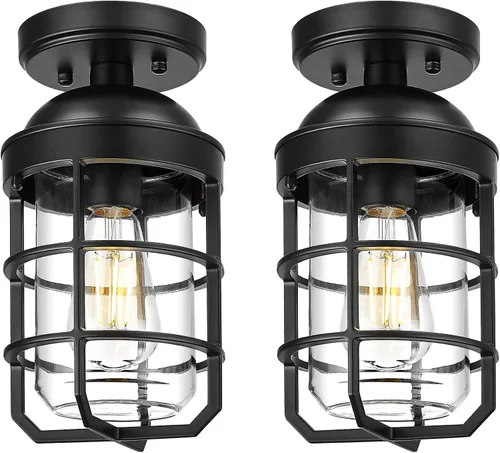 Miniatura 16 de Emliviar Lámpara de techo estilo granja, luz semiempotrada vintage para interior, luz de seguridad con vidrio templado transparente, acabado
