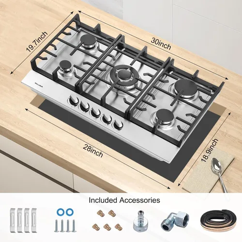 Miniatura 5 de Placa de cocina de gas de 30 pulgadas, 5 quemadores empotrados en estufa de gas, placa de propano convertible NG/LPG, Encendido automático