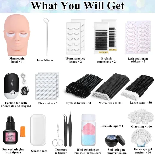 Miniatura 2 de Kit de extensión EyeLash para principiantes, kit profesional de práctica de extensión de pestañas con todo, cabeza de maniquí, pegamento de pestañas