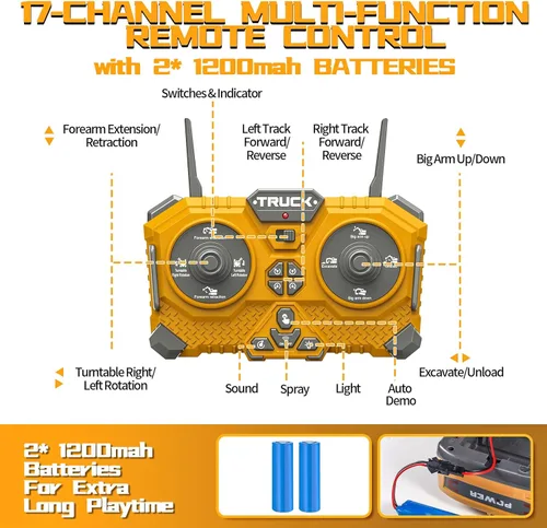 Miniatura 6 de Juguete de construcción de excavadora de control remoto de 17 canales para niños, juguete de excavadora RC de 2400 mAh con pala de metal, aerosol