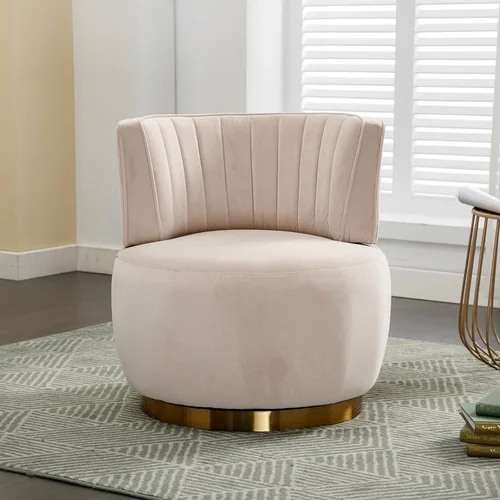 Miniatura 5 de SLEERWAY Silla giratoria de 360°, moderna silla decorativa redonda de terciopelo, cómoda silla pequeña tapizada con base de metal dorado para sala