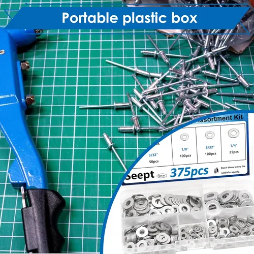 Miniatura 5 de 375 piezas de arandelas de remache pop plateadas, kit surtido para remaches pop de diámetro 3/32", 1/8", 5/32", 3/16", 1/4" de acero inoxidable 304