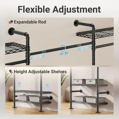 Miniatura 6 de Timate F5 Perchero de ropa expandible montado en la pared con 8 estantes ajustables y 4 varillas colgantes expandibles, perchero de ropa de tubería