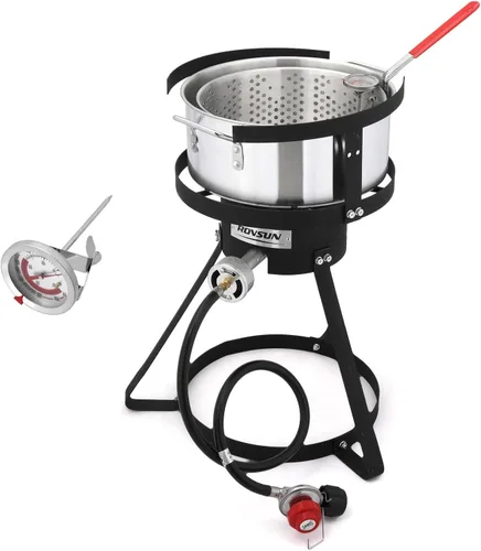 ROVSUN olla para freidora de 10 cuartos con quemador de propano de 55,000 BTU, cesta colador de 6.7 cuartos, termómetro y tapa, olla de aluminio