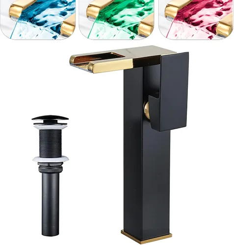 Miniatura 13 de Grifo de baño con luz LED RGB, boquilla de cascada, color negro, 3 colores cambiantes, mango de un agujero, conjunto de drenaje a juego