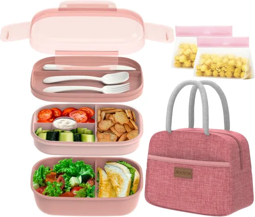 JBGOYON® Juego de lonchera Bento, 3 recipientes apilables para adultos y niños, lonchera para mujeres, incluye bolsa de almuerzo, a prueba de fugas