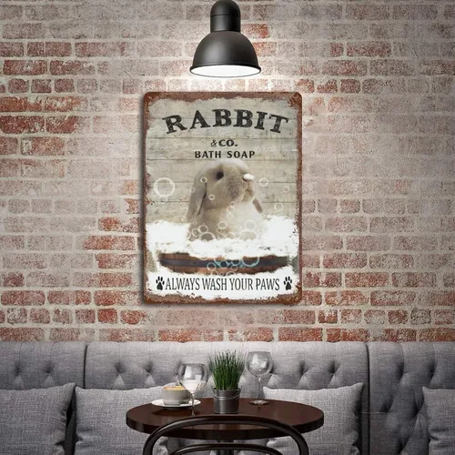 Miniatura 4 de Plato colgante de hierro vintage con diseño de conejo y jabón de baño de metal, letrero de lata de «Wash Your Paws», divertido letrero de conejo