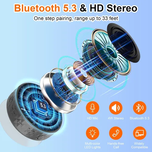 Miniatura 6 de Altavoz de ducha Bluetooth, altavoz inalámbrico portátil, ventosa, altavoz Bluetooth con luces RGB, sonido HD de 360°, compatible con tarjeta TF