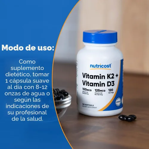 Miniatura 7 de Nutricost Vitamina K2 (MK7) (100mcg) + Vitamina D3 (5,000 UI) 120 Cápsulas Blandas - Sin Gluten y Sin OMG