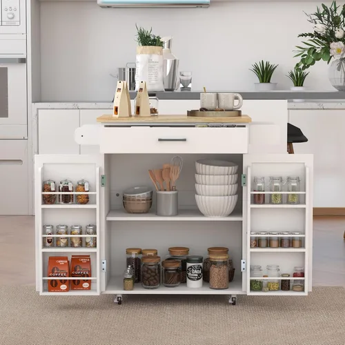 Miniatura 13 de RASOO Carrito de cocina con almacenamiento, pequeño carrito de isla estrecho blanco sobre ruedas, armario de almacenamiento superior de madera