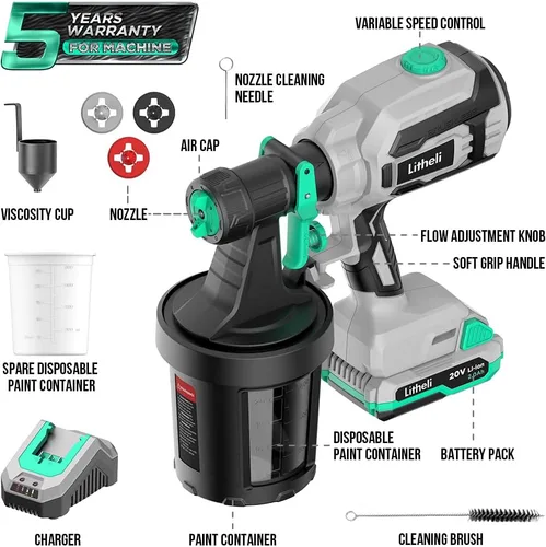 Miniatura 5 de Litheli - Pulverizador de pintura inalámbrico con potente motor sin escobillas, pulverizadores de pintura de batería de 20V 2.0Ah con 4 boquillas