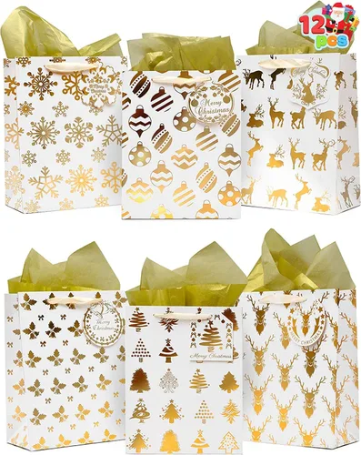 JOYIN 12 bolsas de regalo doradas de papel de aluminio de Navidad con papel de seda y etiquetas para tarjetas de identificación; estampados blancos