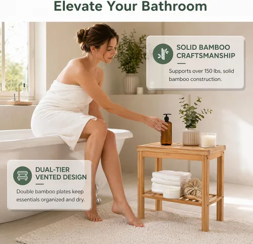 Miniatura 5 de SOUJOY Banco de ducha de bambú, taburete de asiento de baño, taburete de afeitado para reposapiés de spa, estante de almacenamiento para toalla