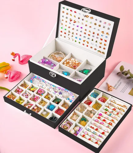 Miniatura 190 de Joyero de pendientes para mujeres y niñas, organizador de aretes de 5 capas, caja organizadora de joyas blanca con candado, collares y aretes