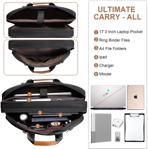 Miniatura 3 de ESTARER Bolsa para laptop 3 en 1 para hombres, mochila para laptop de 17-17.3 pulgadas, bolsa bandolera para computadora para Nailon Negro