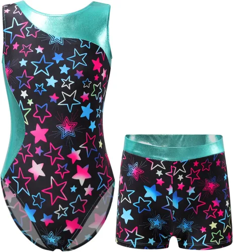 Yartina Leotardo de gimnasia estampado para niñas, traje de baño de 2 piezas con pantalones cortos