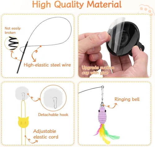Miniatura 6 de Atosun Juguetes interactivos para gatos, 15 juguetes de varita y plumas para gatos de interior, juguetes reutilizables con ventosa para gatitos