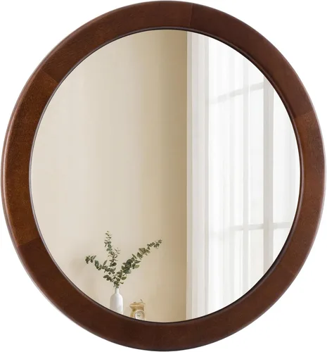 CULER Espejo redondo de madera de 24 pulgadas, espejo circular con marco de nogal para pared, espejo de pared redondo decorativo rústico para baño,