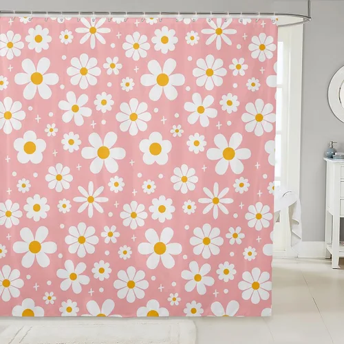 Miniatura 35 de Cortina de baño de flores de margarita para niños y niñas, cortina de ducha floral para decoración de baño, 72 x 72 pulgadas, retro, floral
