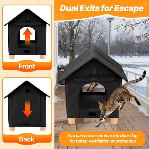 Miniatura 2 de FHTONGE Casa elevada para gatos al aire libre con alfombrilla lavable, refugio resistente a la intemperie para gatos con 2 salidas, perrera aislada