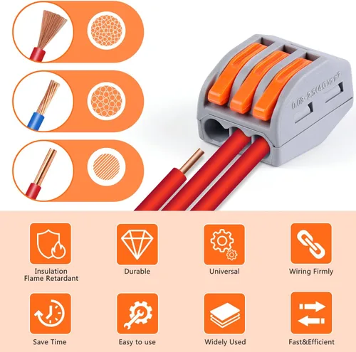 Miniatura 3 de Delgada 60 tuercas de conector de cable de palanca, conectores compactos de 2/3 conductores, kit de conectores eléctricos de empalme rápido