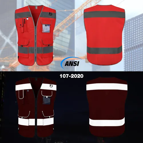 Miniatura 2 de TCCFCCT Chaleco de seguridad rojo para hombres y mujeres, chaleco reflectante de alta visibilidad con 9 bolsillos, chaleco de trabajo con tiras Tela