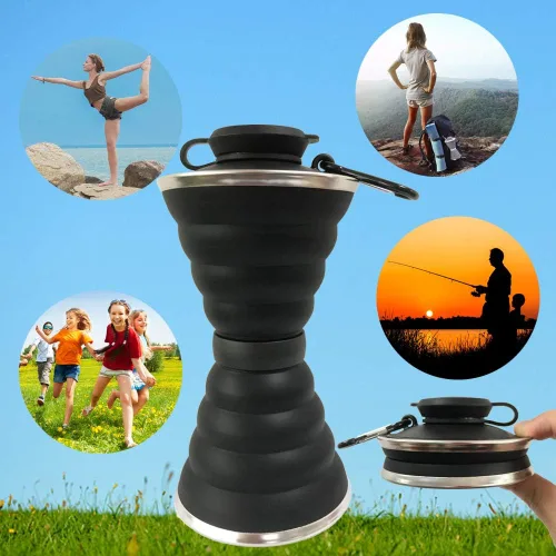 Miniatura 6 de Collapsible Water Bottle, Camping Cup With Carabiner, Reuseable Silicone Foldable Leak Proof Portable Sports Travel Water Bottles For Outdoor, Negro