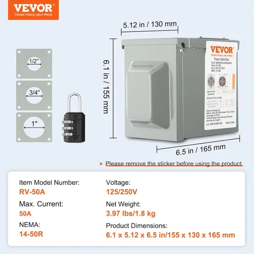 Miniatura 8 de VEVOR Caja de toma de corriente RV de 50 amperios, 125/250 voltios, caja de receptáculo cerrada para exteriores con cerradura, NEMA 14-50R, panel