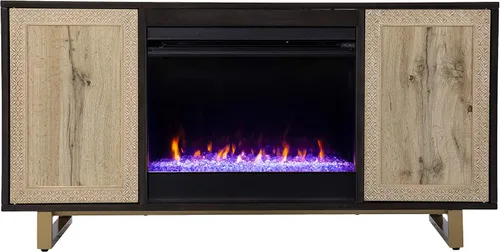 Miniatura 2 de SEI Furniture - Chimenea que cambia de color Wilconia con almacenamiento multimedia y detalles tallados - Diseño de transición, vidrio marrón