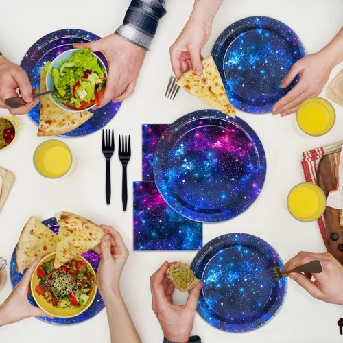 Miniatura 7 de Space Galaxy Party Supplies - Juego de vajilla para decoración de fiesta de cumpleaños del espacio exterior, noche estrellada, planeta, sistema