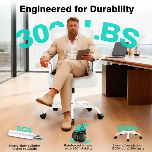 Miniatura 8 de AreShark Silla de oficina – Silla de escritorio ergonómica de malla transpirable con soporte lumbar ajustable y reposabrazos abatibles – Silla Blanco