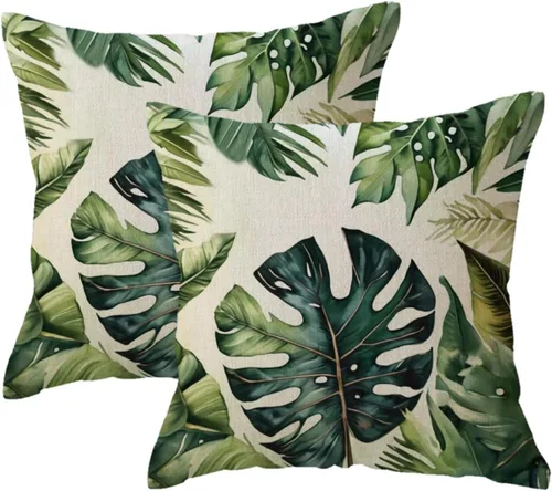 Miniatura 6 de Juego de 2 fundas de almohada de hojas de Monstera con diseño de hojas de palmera tropical, con temática botánica, fundas de almohada decorativas