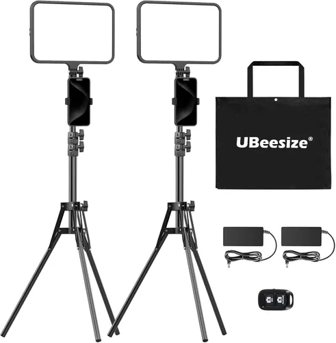 UBeesize Paquete de 2 luces LED de video, iluminación de fotografía, luces de estudio de 13 pulgadas con soporte de trípode de 65 pulgadas y