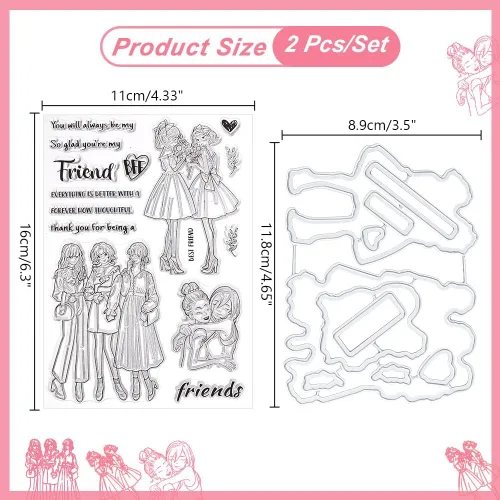 Miniatura 2 de INFUNLY Sellos y Troqueles de Mejores Amigas para Hacer Tarjetas Sentimiento Sellos Transparentes DIY Troqueles de Metal Hermosas Amigas Sello