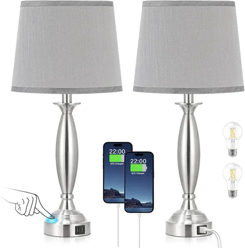 Miniatura 7 de Juego de 2 lámparas blancas para dormitorio, lámpara de noche de control táctil con USB C+A, lámparas de mesita de noche regulables de 3 vías