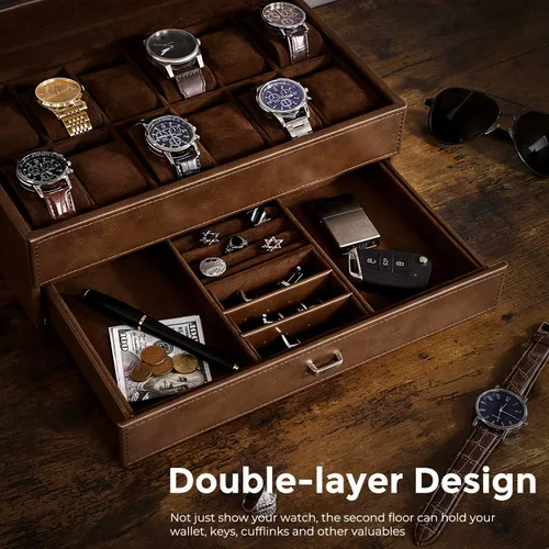 Miniatura 3 de BEWISHOME Caja de reloj para hombre organizador de relojes de lujo de piel sintética con cajón de joyería parte superior de cristal real bisagra