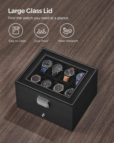 Miniatura 68 de SONGMICS UJWB012 - Caja de reloj de 12 ranuras, caja de reloj con cerradura con tapa de vidrio, 2 capas, con 1 cajón para anillos, pulseras, idea