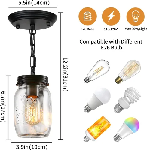 Miniatura 3 de Lámparas de Tarro de Vidrio Estilo Mason, Lámpara Colgante de 1 Luz para Isla de Cocina, Luminaria Estilo Granja Cerca del Techo para Cocina, 1