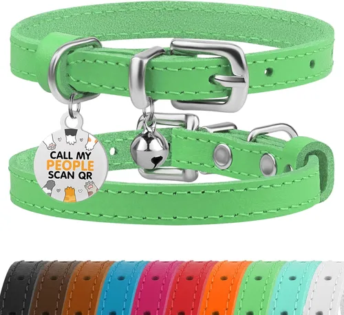 Miniatura 27 de BRONZEDOG Collar de cuero para gato con campanas extraíbles sin liberación rápida, etiqueta QR para gatito para niña y niño