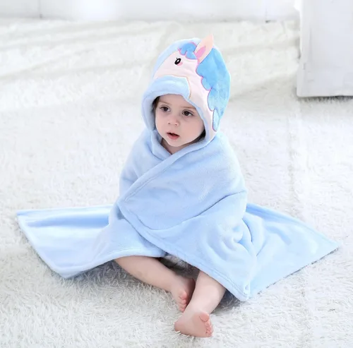 Miniatura 5 de TONWHAR Manta con capucha de cara de animal para bebés y niños de 0 a 4 años, manta de felpa para después del baño (caballo azul)