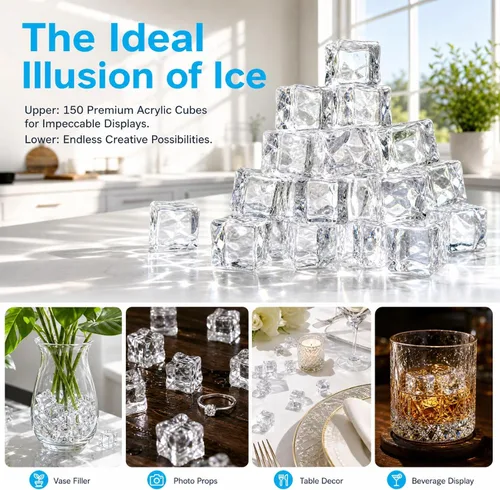 Miniatura 6 de Hacaroa Paquete de 150 cubitos de hielo falsos transparentes, de 0.7 pulgadas (0.709 in), de acrílico, decorativas, cuadradas, cristales