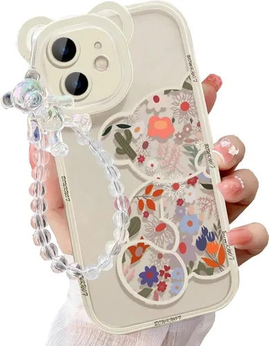 Miniatura 11 de Funda compatible con iPhone 8 Plus, bonito protector de cámara con diseño de oso de flores transparentes con bonita correa y cadena para niñas