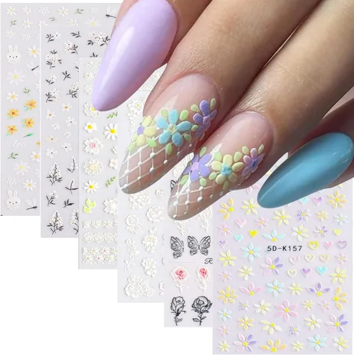 Miniatura 8 de Calcomanías de arte de uñas de flores, holográficas 5D en relieve de flores en relieve de corazón, calcomanías autoadhesivas para uñas, decoración