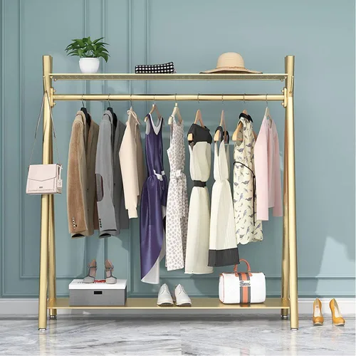 Miniatura 6 de Perchero industrial dorado independiente con estantes dobles, perchero móvil resistente para organizar ropa y zapatos (47 pulgadas de largo)