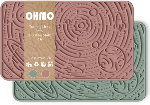 Miniatura 8 de OHMO Alfombrilla para lamer perros y gatos, (Ash+Beige, 2 piezas, 9.8 x 5.9 pulgadas), diseño de galaxia, alimentador lento con ventosas, mantenlos
