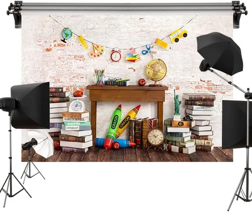 Miniatura 6 de Kate 6.5x6.5ft/2x2m Fondos de regreso a la escuela, libros de pared de ladrillo, papelería, fondos de globo, fondo de tela impresa por computadora
