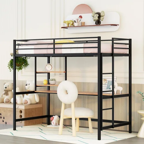 Anwick Cama tipo loft de metal de tamaño individual con escritorio y estante, estructura de metal con barandilla de seguridad, para dormitorio,