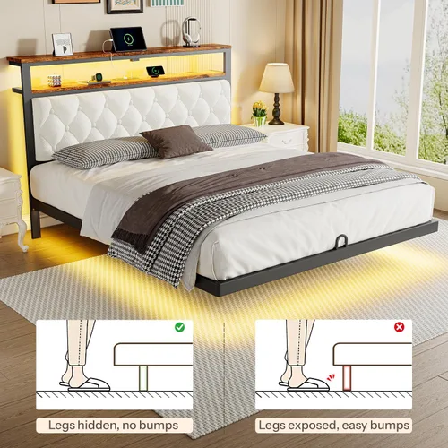 Miniatura 6 de ChicZhiNest Base de cama flotante Queen con cabecero, marcos de cama flotantes LED con estación de carga y respaldo tapizado, estante