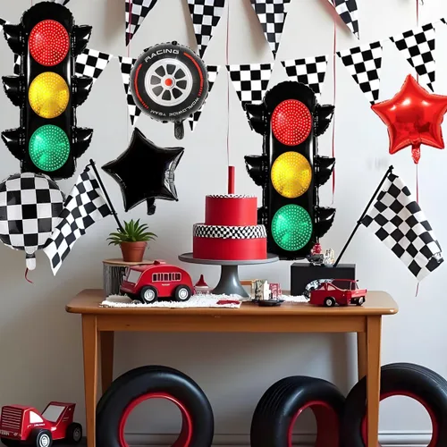 Miniatura 7 de Globos de carreras para decoración de fiesta de cumpleaños, globos de semáforo de 32 pulgadas, pancarta a cuadros, globos de neumáticos